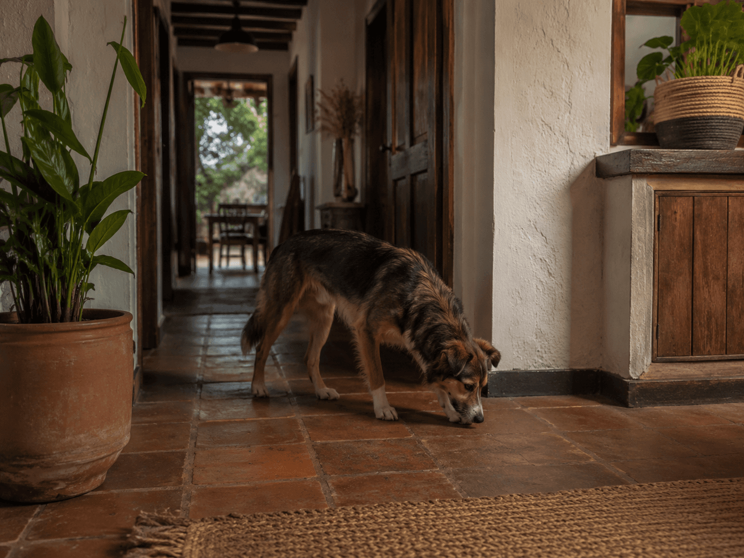 Perro explorando con calma un espacio doméstico nuevo