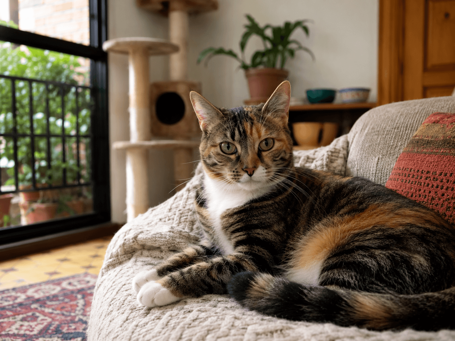 Gato tranquilo en su hogar junto a una ventana y espacios de descanso