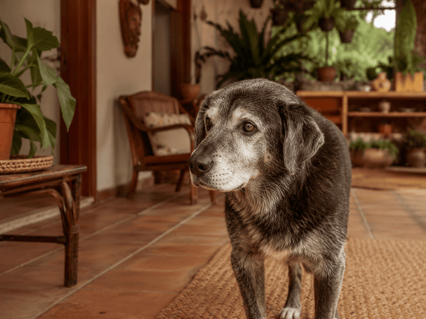 Perro senior descansando cómodamente en un entorno doméstico cálido