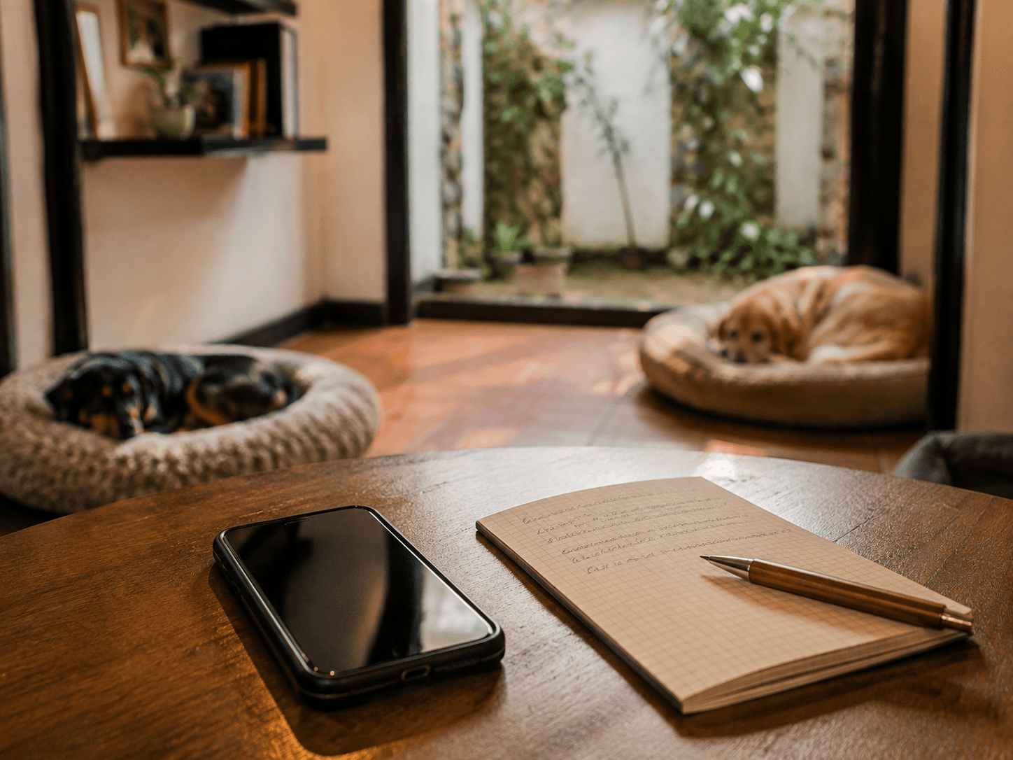 Teléfono y libreta con anotaciones sobre una mesa, con varios perros descansando al fondo