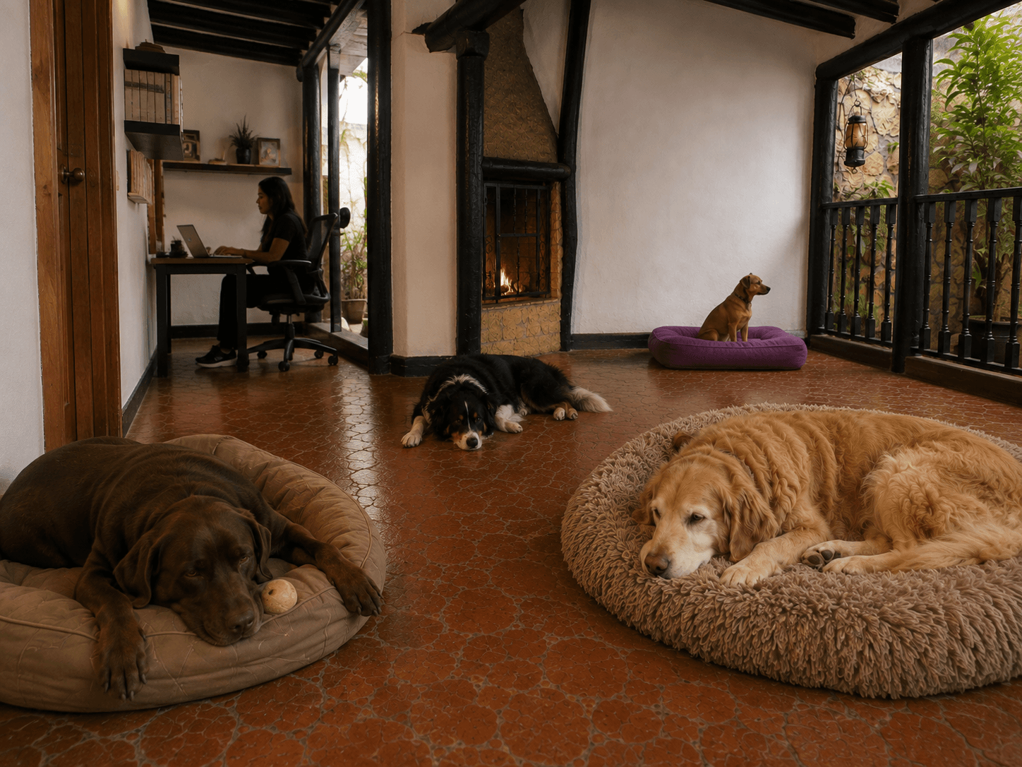 Cuatro perros descansando por separado en un espacio doméstico amplio