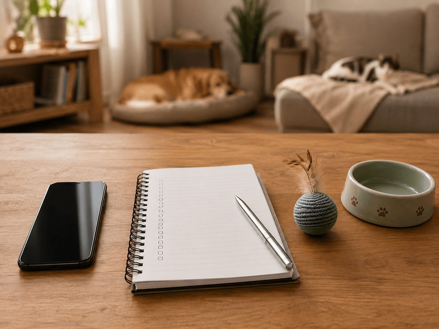 Teléfono, libreta, juguete y plato sobre una mesa, con un perro y un gato descansando al fondo