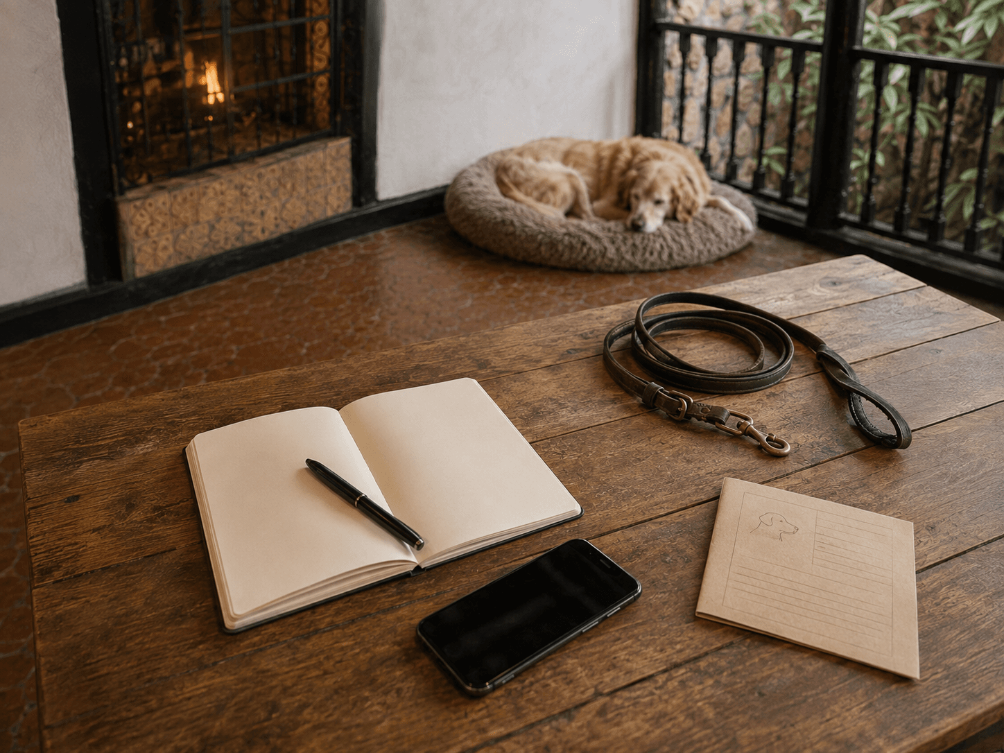 Teléfono, libreta abierta, ficha y correa sobre una mesa, con un perro descansando al fondo