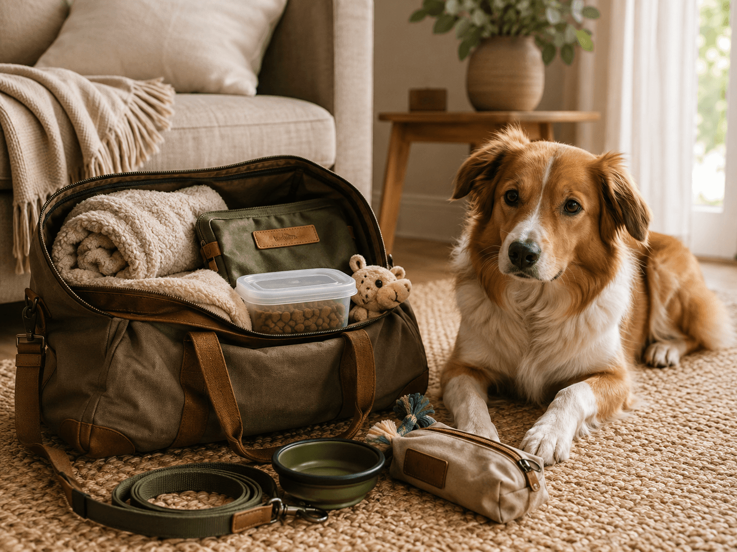 Perro descansando junto a un bolso abierto con manta, alimento, juguete, plato y correa